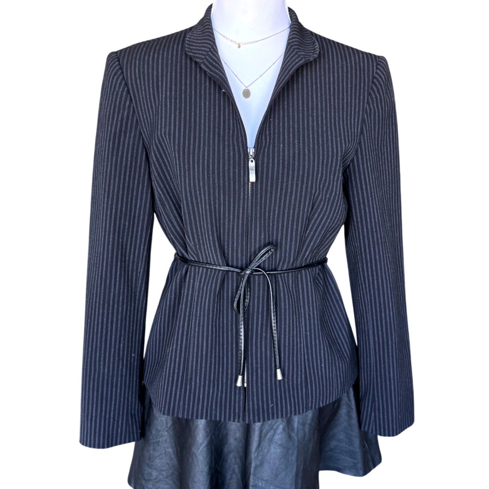 Pinstripe Belted Blazer Zip Up Jacket Office Siren Hillard & Hanson 6P